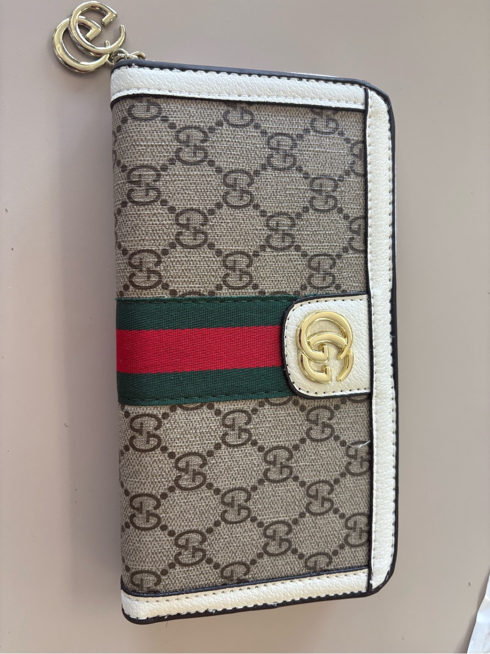 Gucci Beige GG Canvas Zip Around Wallet with Green-Red Web Stripe